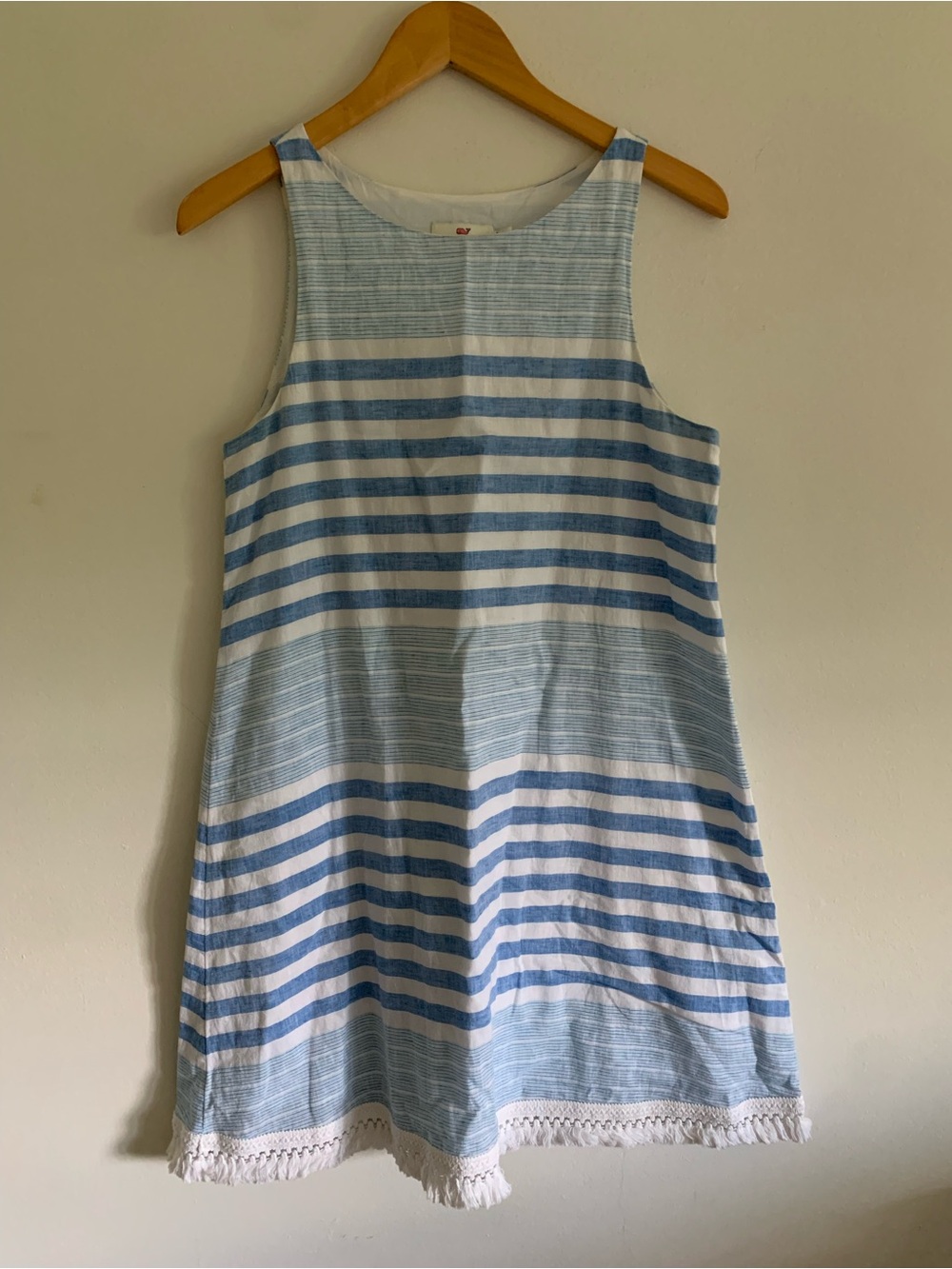 Vineyard Vines Sleeveless Striped Linen Cotton Tassel Shift Dress, Blue White, 6